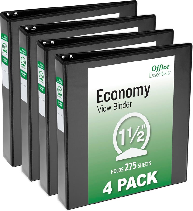 Office Essentials Economy View 3 Ring Binders, 1.5" Round Rings, 2.1" Spine, 275-Sheet Capacity, Black Binders, Ideal for Occasional Use and Light Referencing (4-Pack of 03129) - Image 1